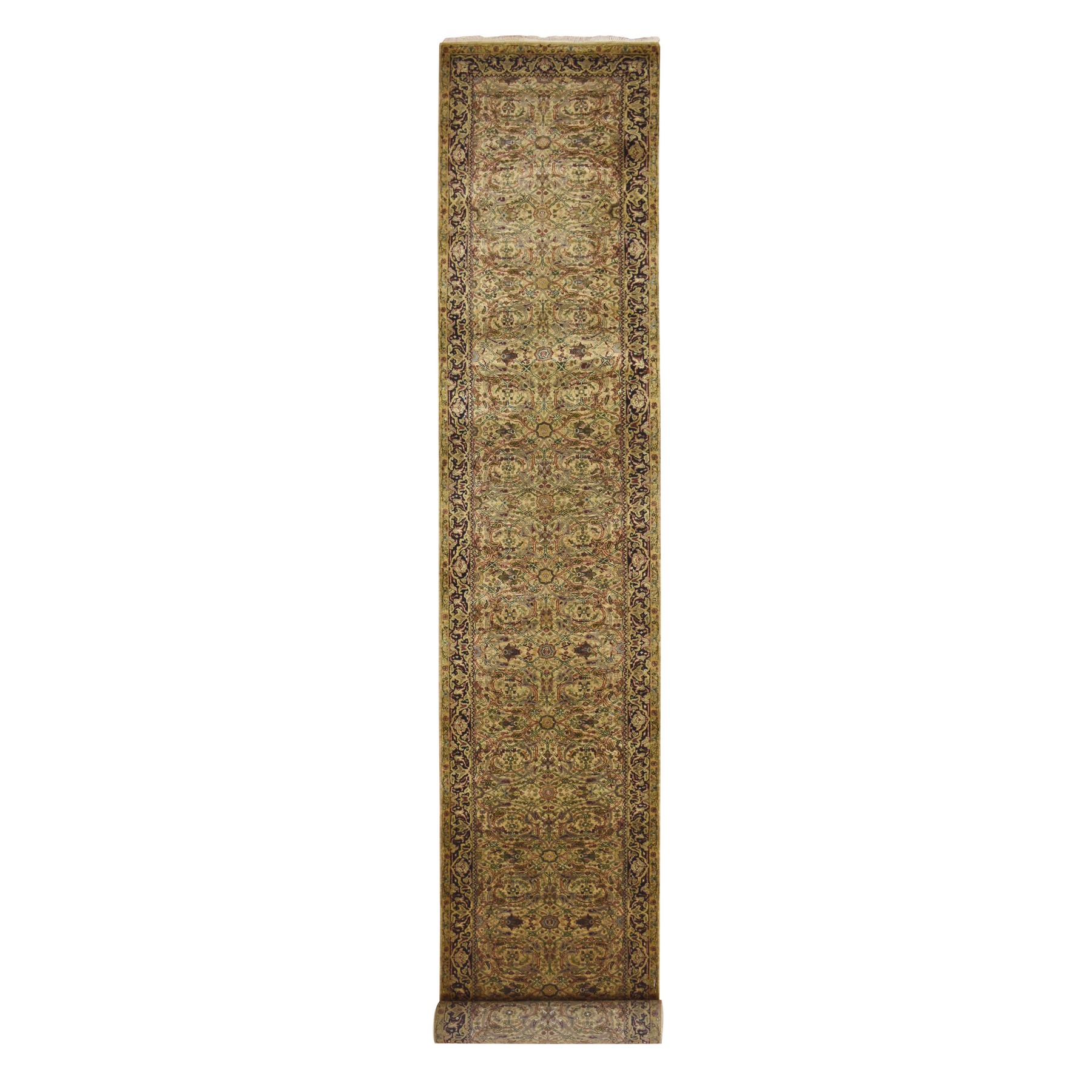 Golden Yellow, Hand Knotted, Rajasthan with All Over Leaf Design, Densely Woven, 100% Wool, Thick and Plush, XL Runner, Oriental Rug